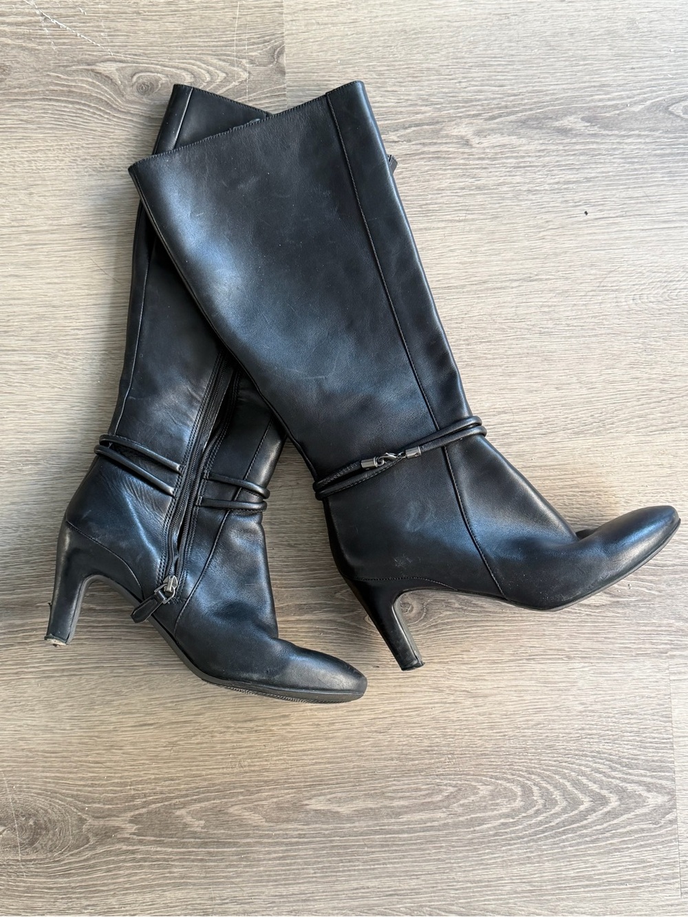 Ecco Black Leather Knee-High Heeled Boots